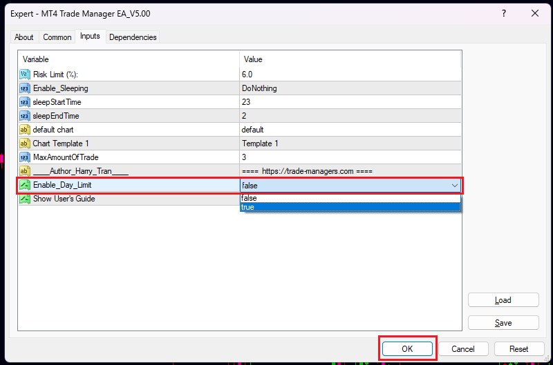 Enable Day Limit in EA Properties (Inputs)