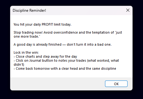 Profit limit reached notification and discipline reminder